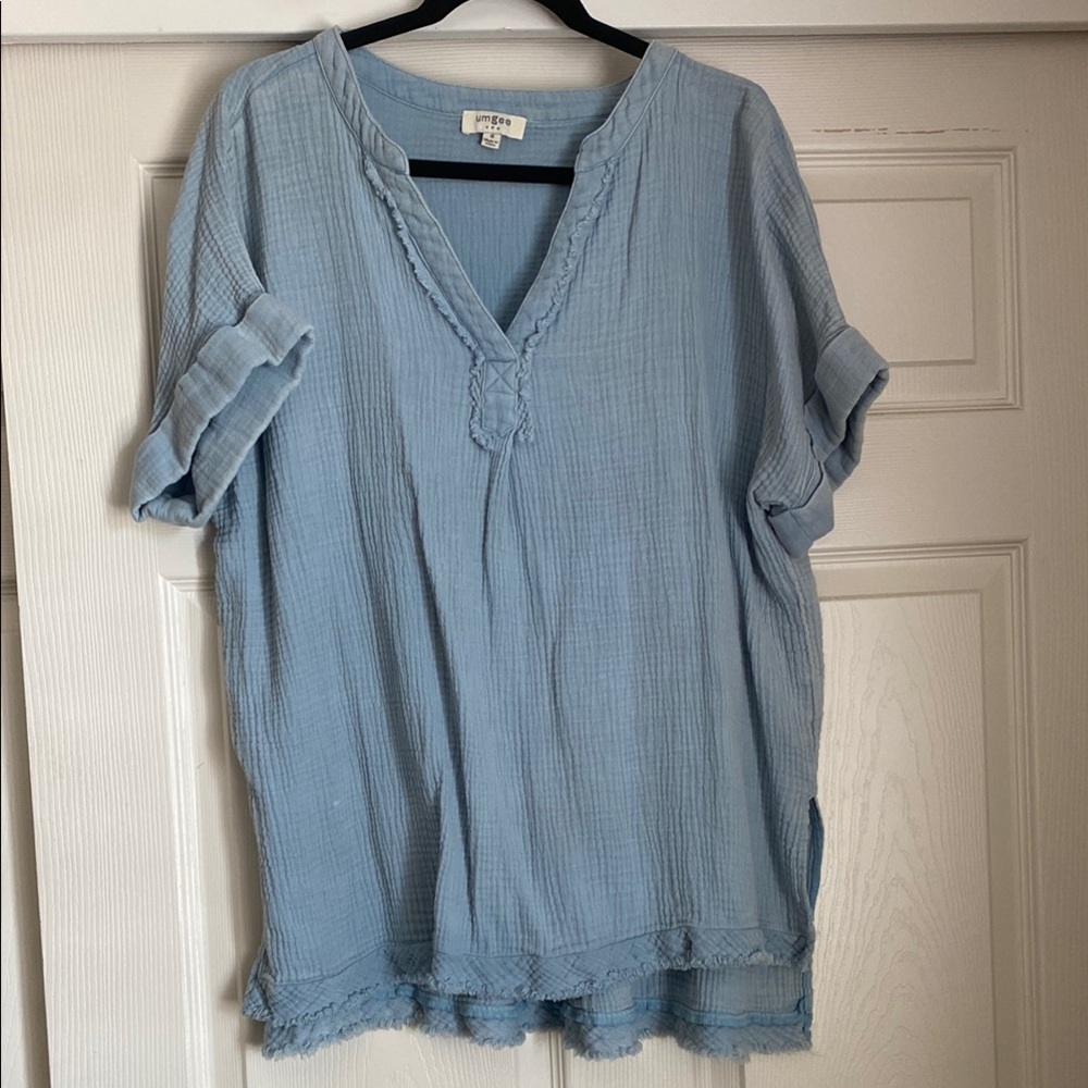 Umgee Blue Ribbed Short Sleeve Tunic